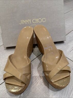 Jimmy Choo Nude Patent Cork Wedge Sandals